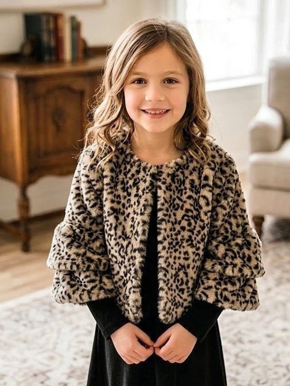 Bonnie Jean Leopard Faux Fur Bolero Shrug Jacket Girls Small (7/8)